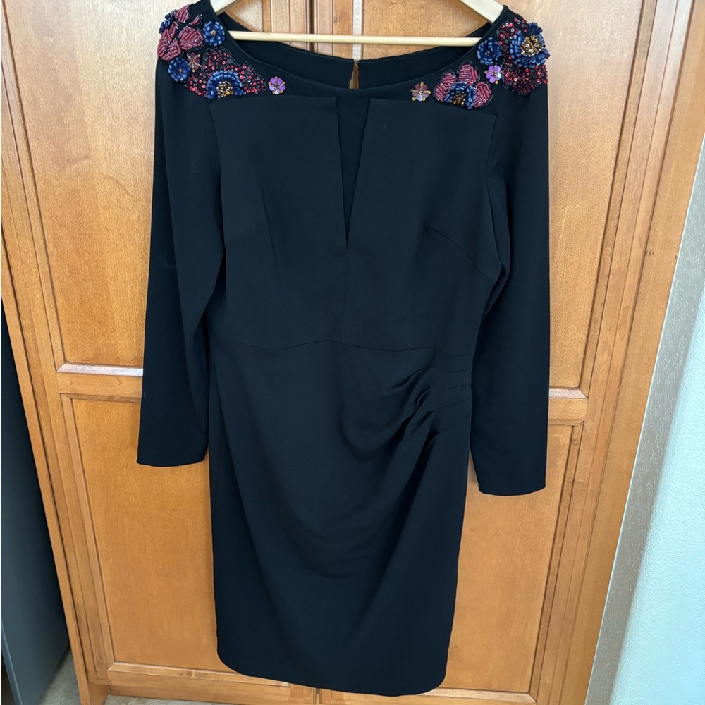 Badgley Mischka Embellished Cap Sleeve Sheath Dress Size 14 Black